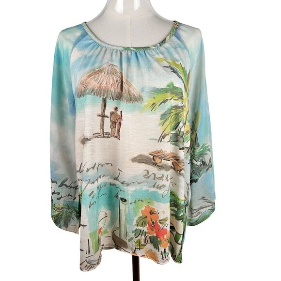 Chicos Medium Tropical Beach Seaside Sangria Easy Tee Top 3/4 Sleeve Blue - Picture 1 of 10